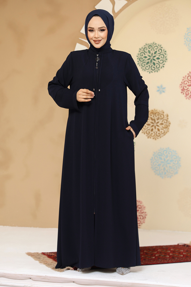 Fermuarlı Lacivert Tesettür Abaya 45298L - 2