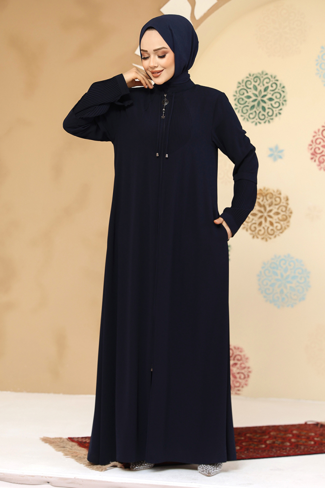 Fermuarlı Lacivert Tesettür Abaya 45298L - 3