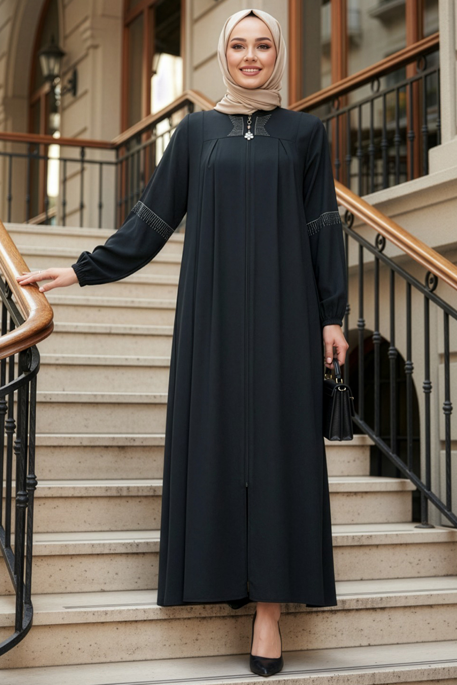 Fermuarlı Lacivert Tesettür Abaya 45299L