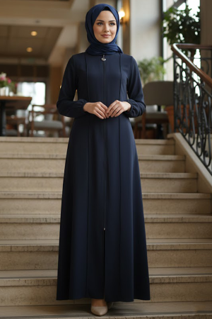 Fermuarlı Lacivert Tesettür Abaya 45307L - 1