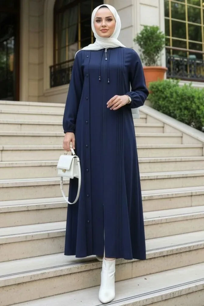 Fermuarlı Lacivert Tesettür Abaya 45309L - 1