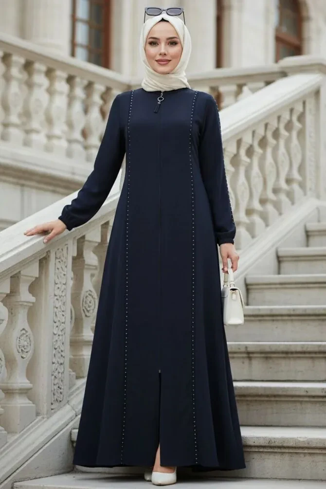 Fermuarlı Lacivert Tesettür Abaya 45317L - 1
