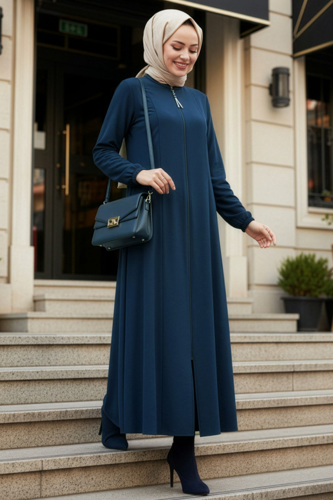 Fermuarlı Lacivert Tesettür Abaya 45319L - 1