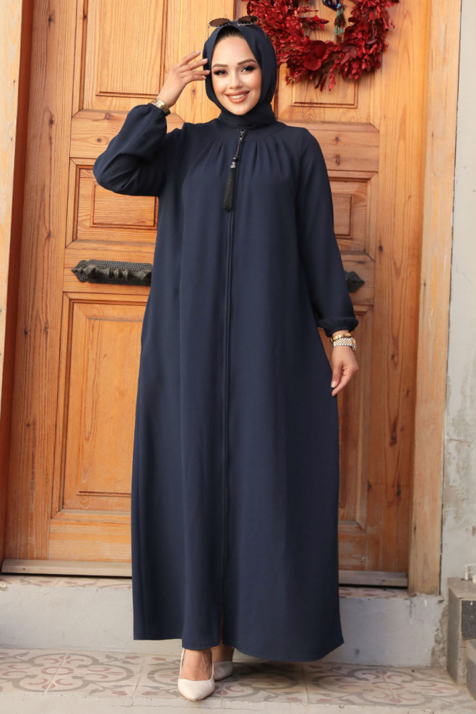 Fermuarlı Lacivert Tesettür Abaya 60971L - 2