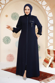 Fermuarlı Lacivert Tesettür Abaya 61361L - 1