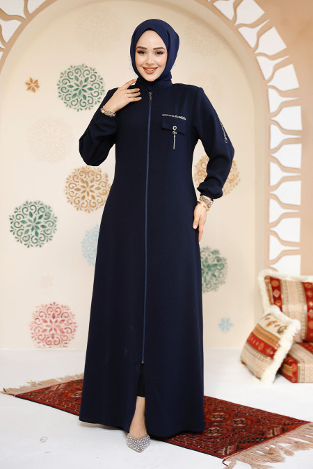 Fermuarlı Lacivert Tesettür Abaya 61361L - 3