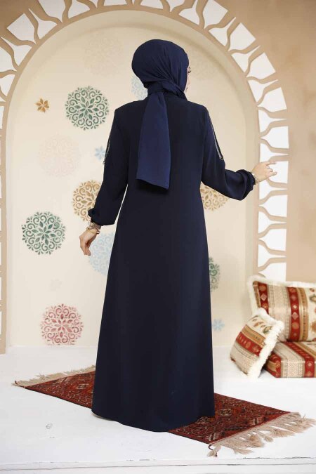 Fermuarlı Lacivert Tesettür Abaya 61361L - 6