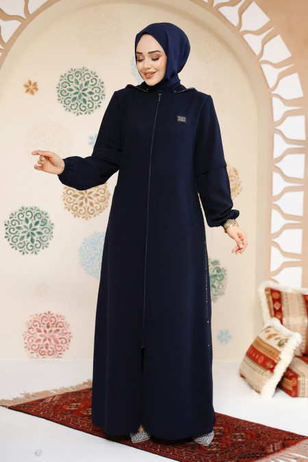 Fermuarlı Lacivert Tesettür Abaya 61362L - 3