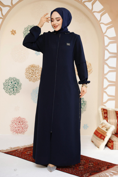 Fermuarlı Lacivert Tesettür Abaya 61362L - 4