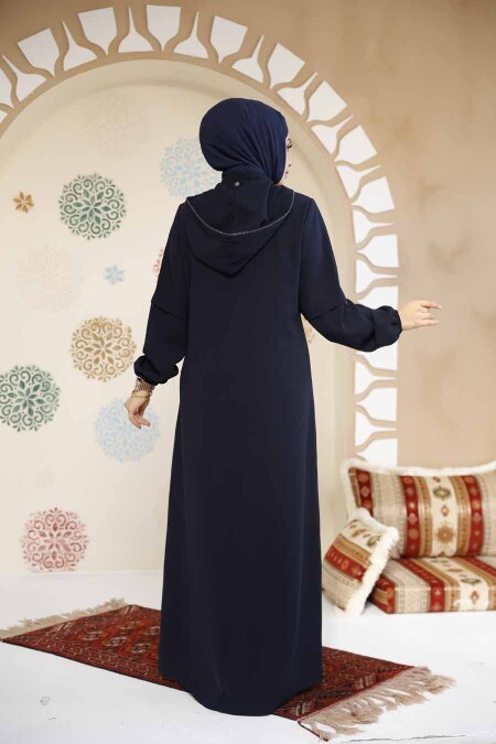 Fermuarlı Lacivert Tesettür Abaya 61362L - 6
