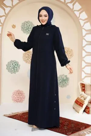 Fermuarlı Lacivert Tesettür Abaya 61362L 