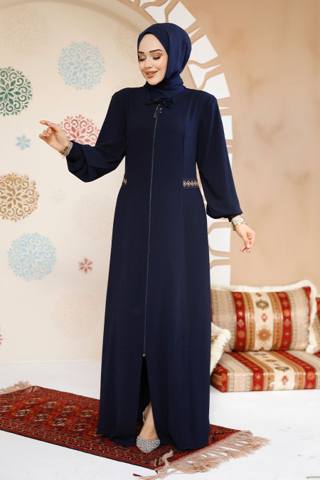 Fermuarlı Lacivert Tesettür Abaya 8104L - 1