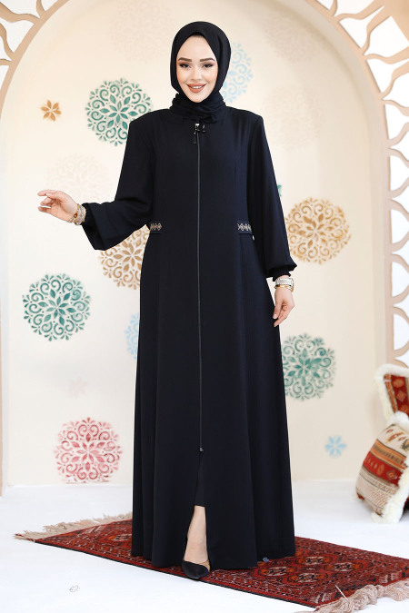 Fermuarlı Lacivert Tesettür Abaya 8104L - 3