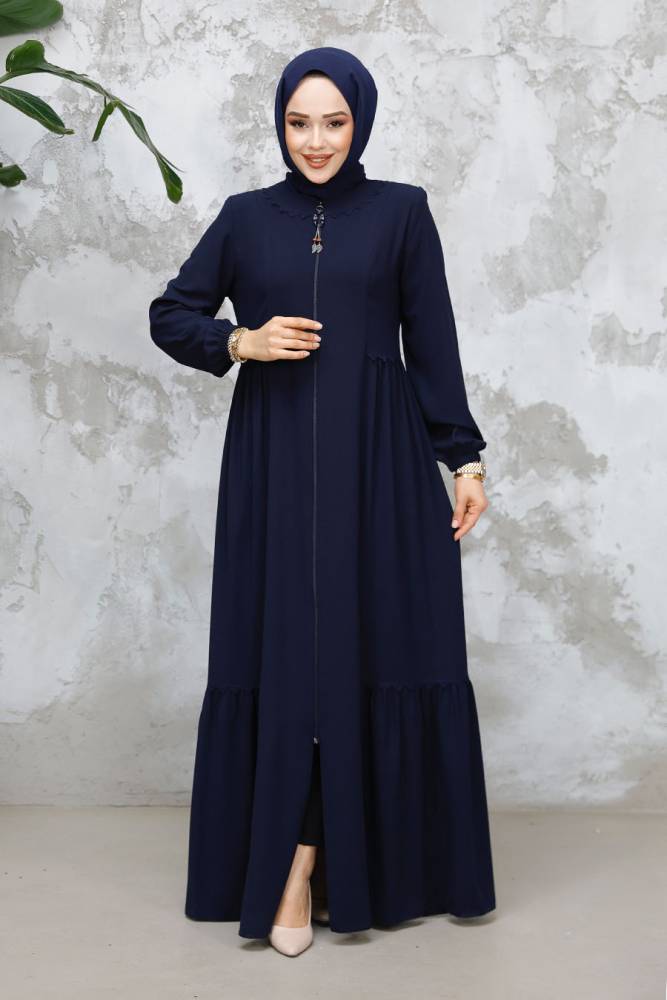 Fermuarlı Lacivert Tesettür Abaya 8133L - 1