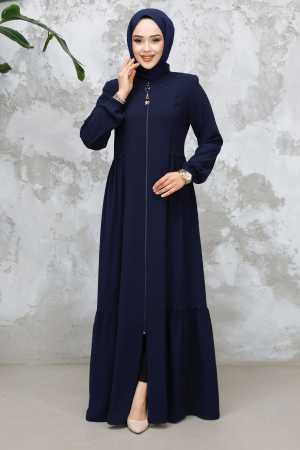 Fermuarlı Lacivert Tesettür Abaya 8133L - 3