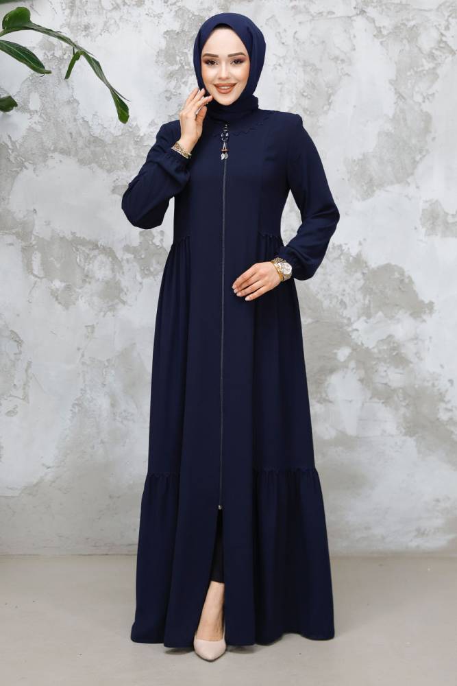 Fermuarlı Lacivert Tesettür Abaya 8133L - 3