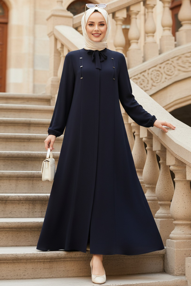 Fermuarlı Lacivert Tesettür Abaya 85102L - 1