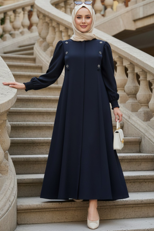 Fermuarlı Lacivert Tesettür Abaya 85106L - 1