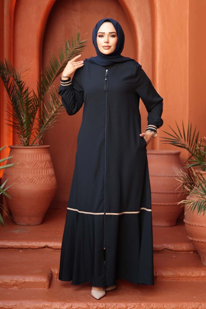 Fermuarlı Lacivert Tesettür Ferace 26212L - 2