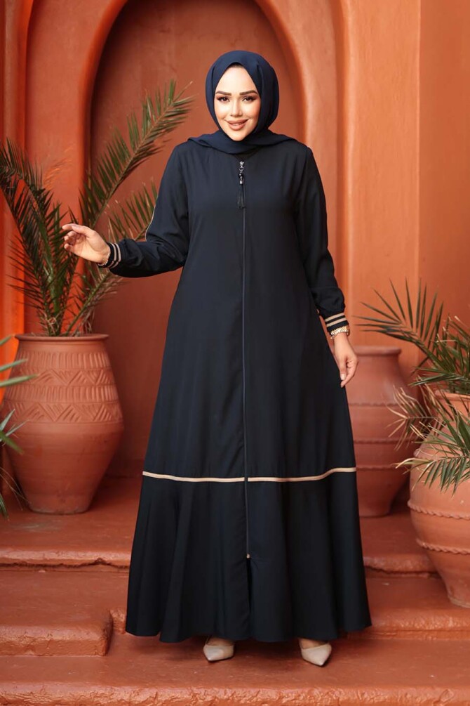 Fermuarlı Lacivert Tesettür Ferace 26212L - 3