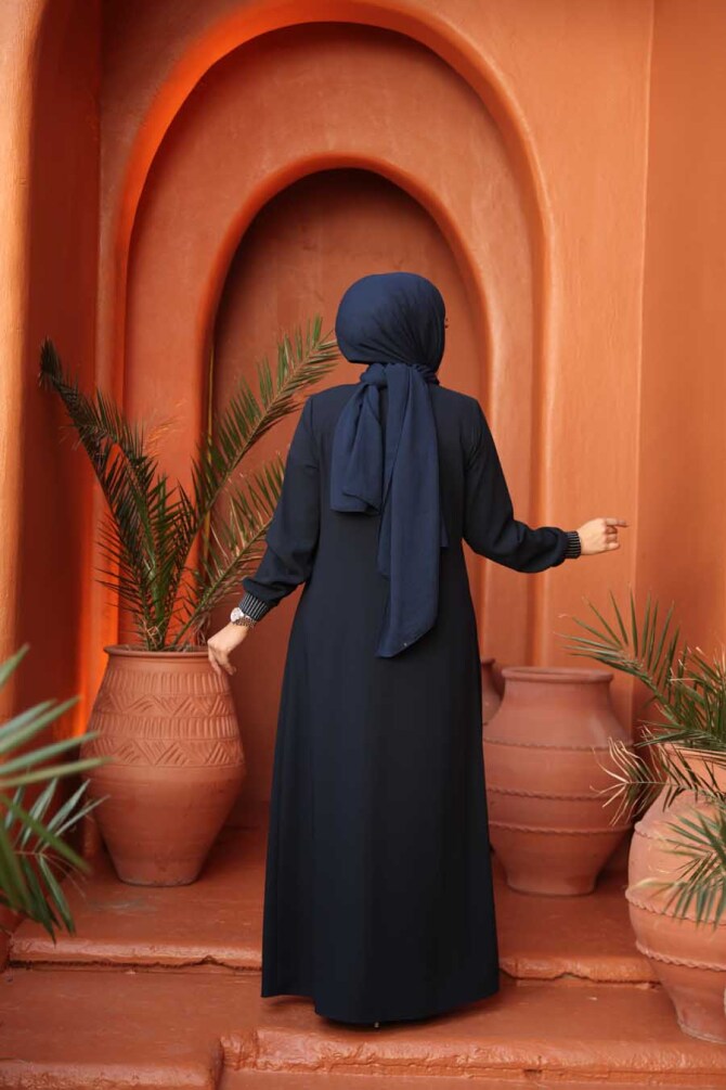 Fermuarlı Lacivert Tesettür Ferace 26371L - 3