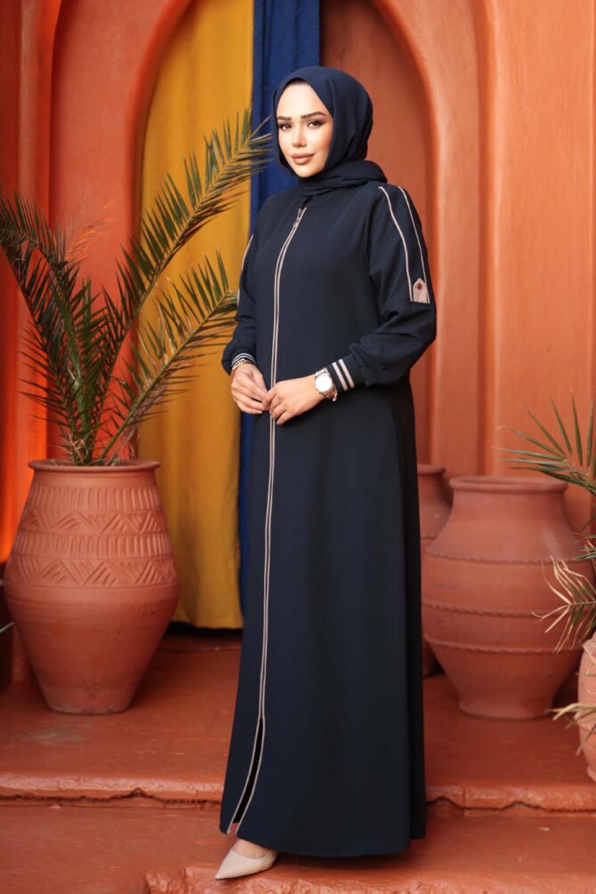 Fermuarlı Lacivert Tesettür Ferace 26381L - 2