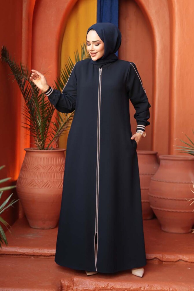 Fermuarlı Lacivert Tesettür Ferace 26381L - 1