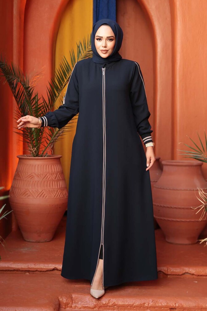 Fermuarlı Lacivert Tesettür Ferace 26381L - 3