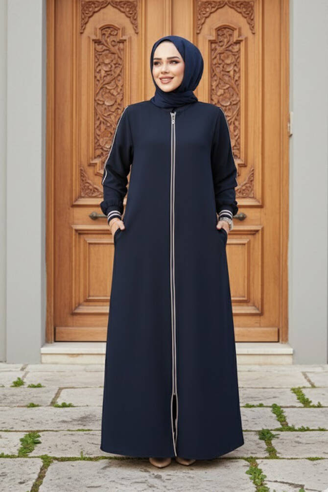 Fermuarlı Lacivert Tesettür Ferace 26381L - 1