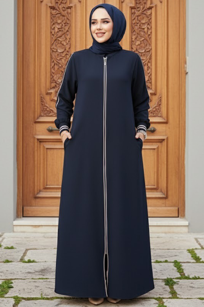 Fermuarlı Lacivert Tesettür Ferace 26381L - 1