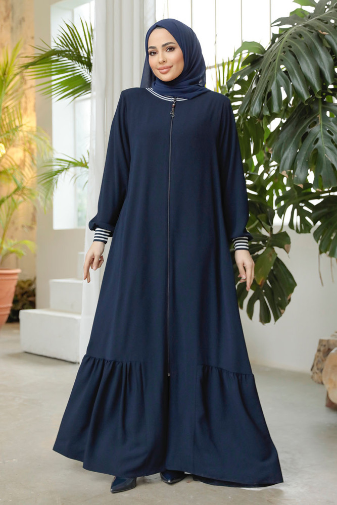 Fermuarlı Lacivert Tesettür Ferace 45276L - 4