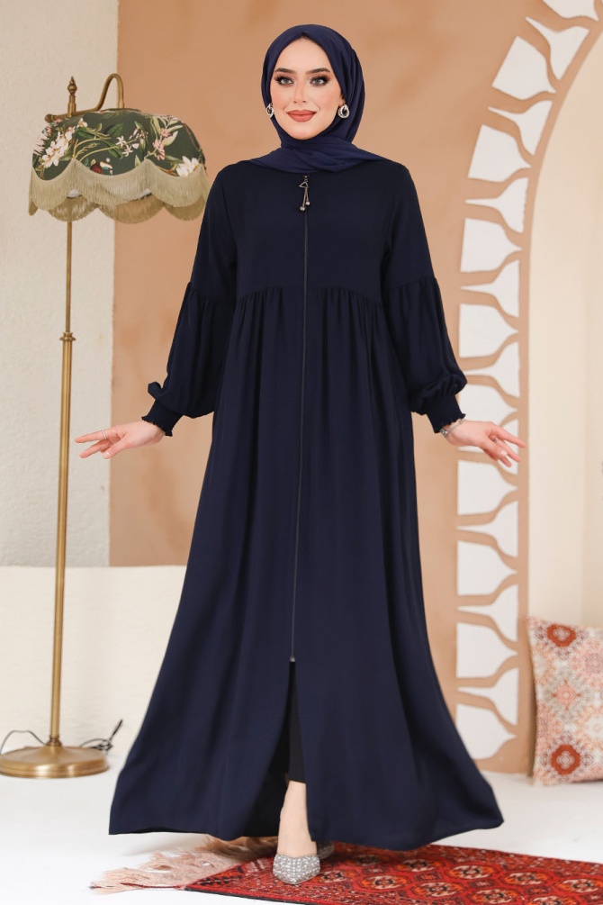 Fermuarlı Lacivert Tesettür Ferace 45284L - 1
