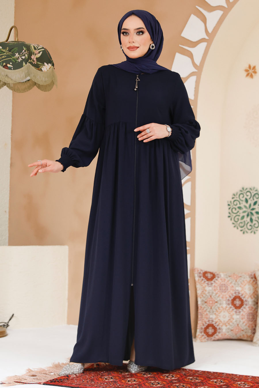 Fermuarlı Lacivert Tesettür Ferace 45284L - 5