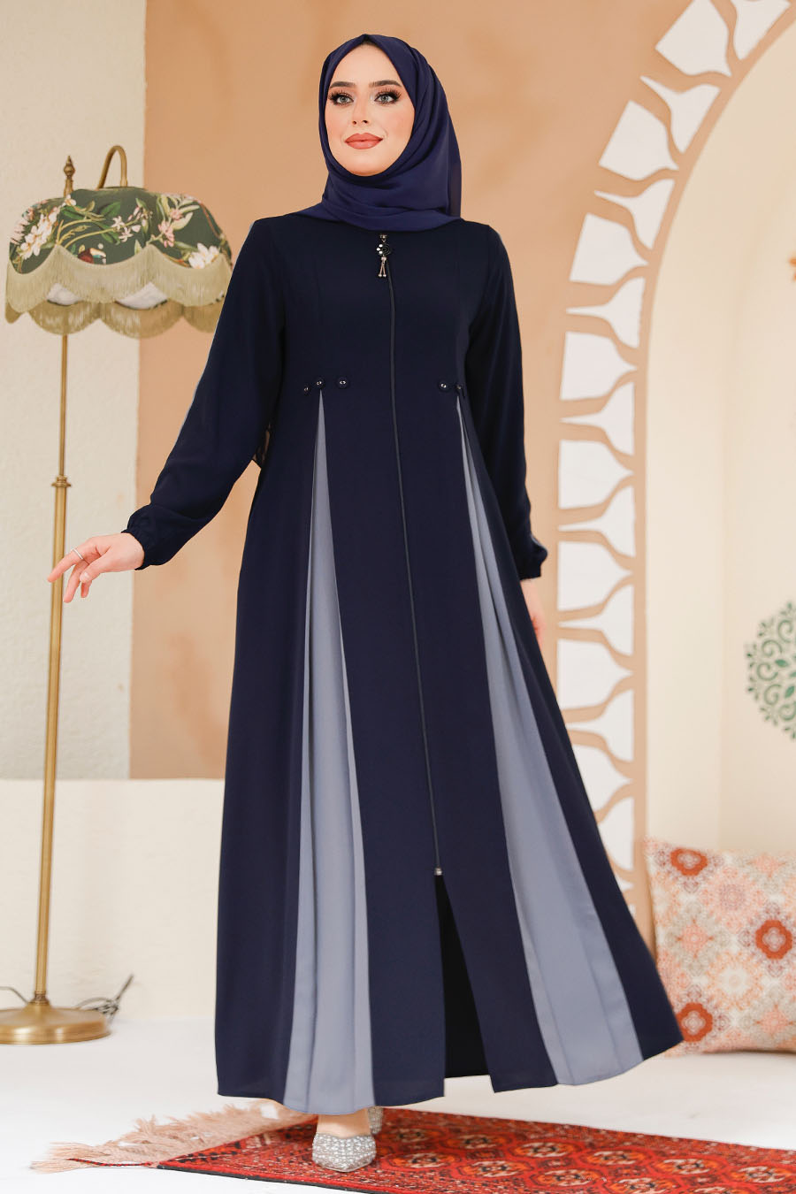 Fermuarlı Lacivert Tesettür Ferace 45288L - 1