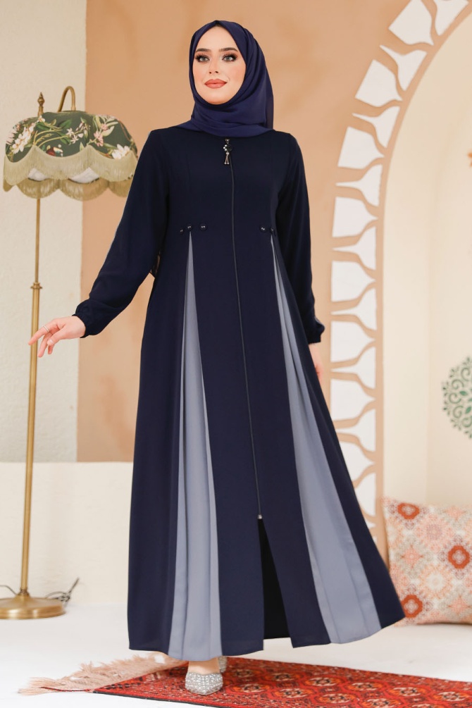 Fermuarlı Lacivert Tesettür Ferace 45288L - 1