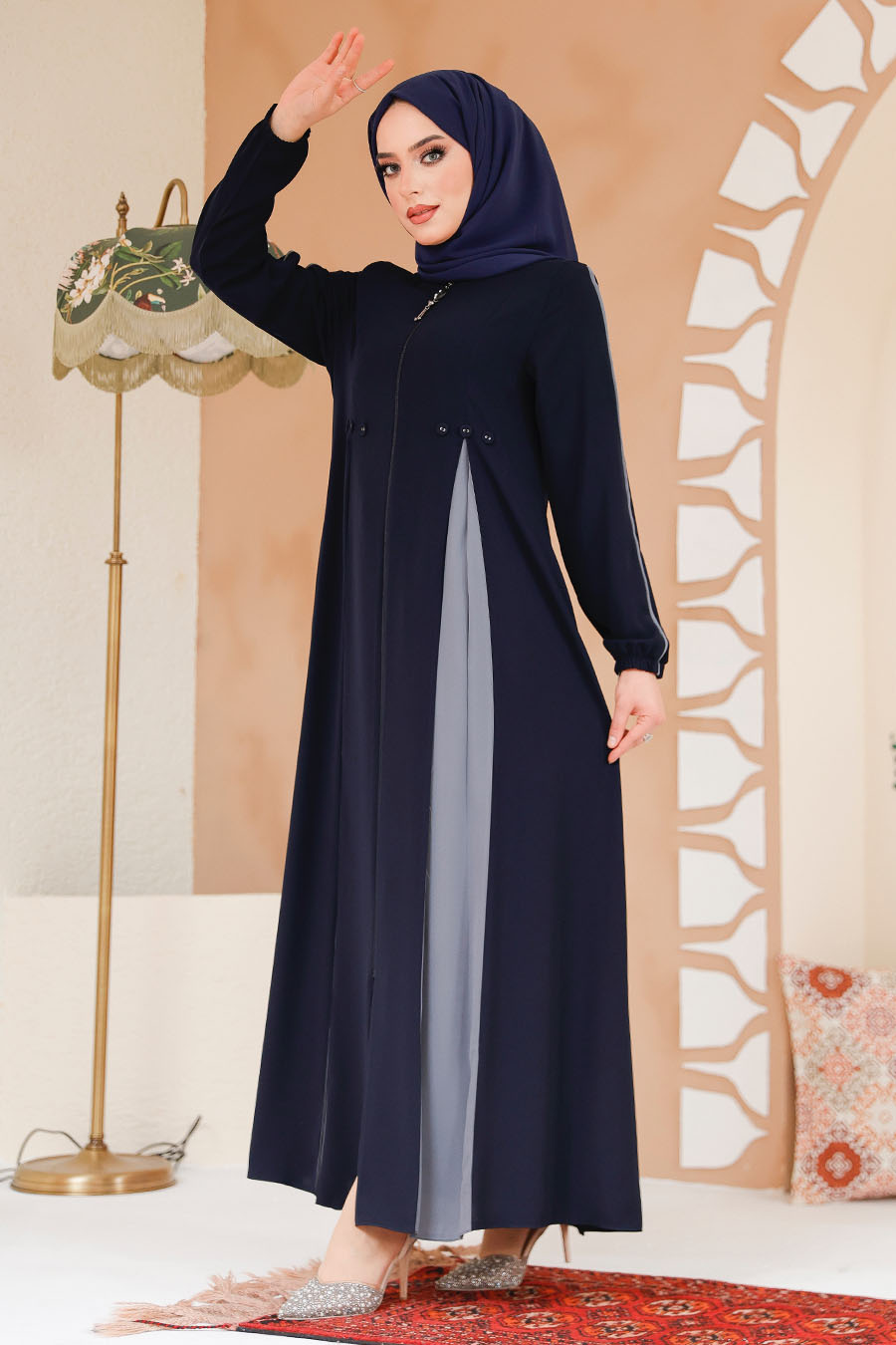 Fermuarlı Lacivert Tesettür Ferace 45288L - 2