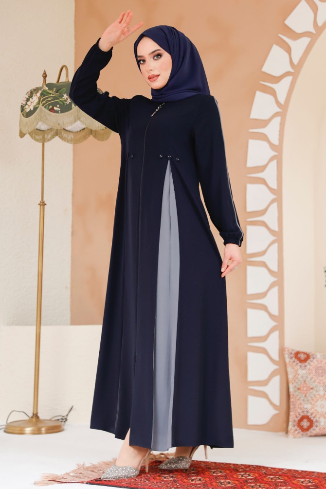 Fermuarlı Lacivert Tesettür Ferace 45288L - 2