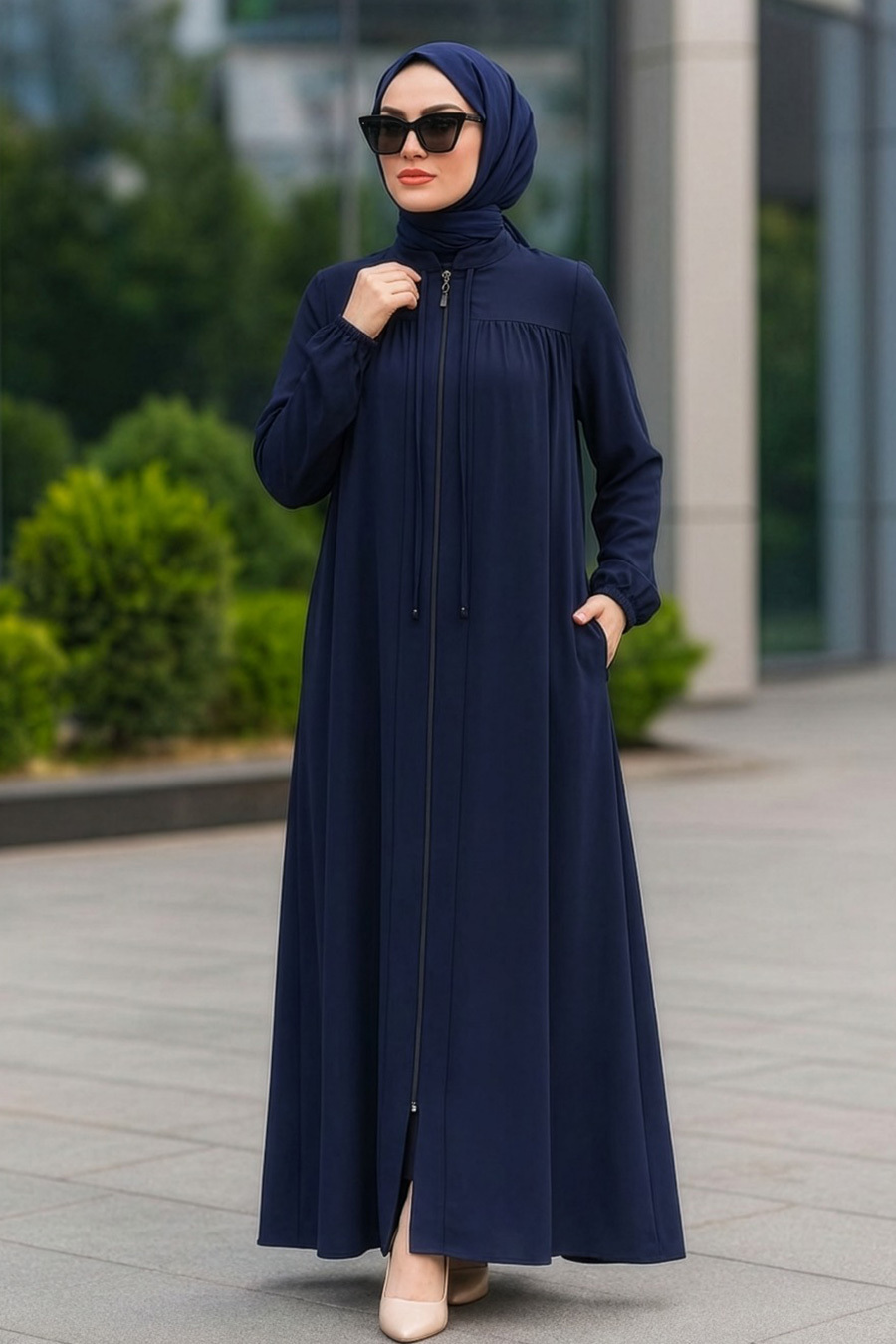 Fermuarlı Lacivert Tesettür Ferace 45290L