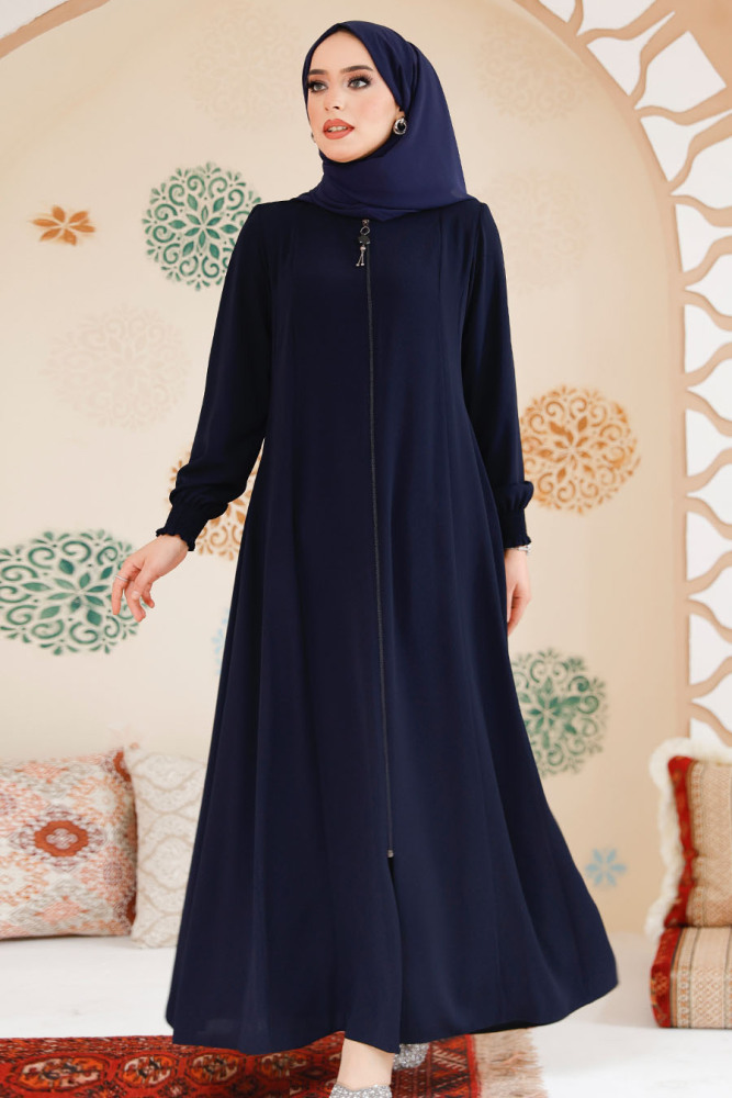 Fermuarlı Lacivert Tesettür Ferace 45294L - 4