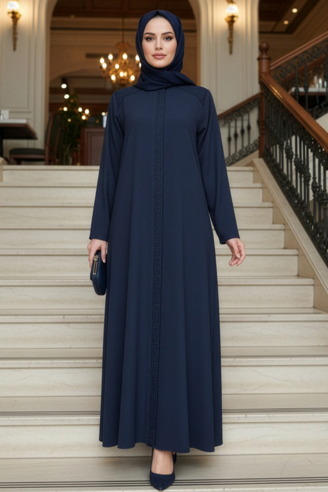 Fermuarlı Lacivert Tesettür Ferace 45312L - 1