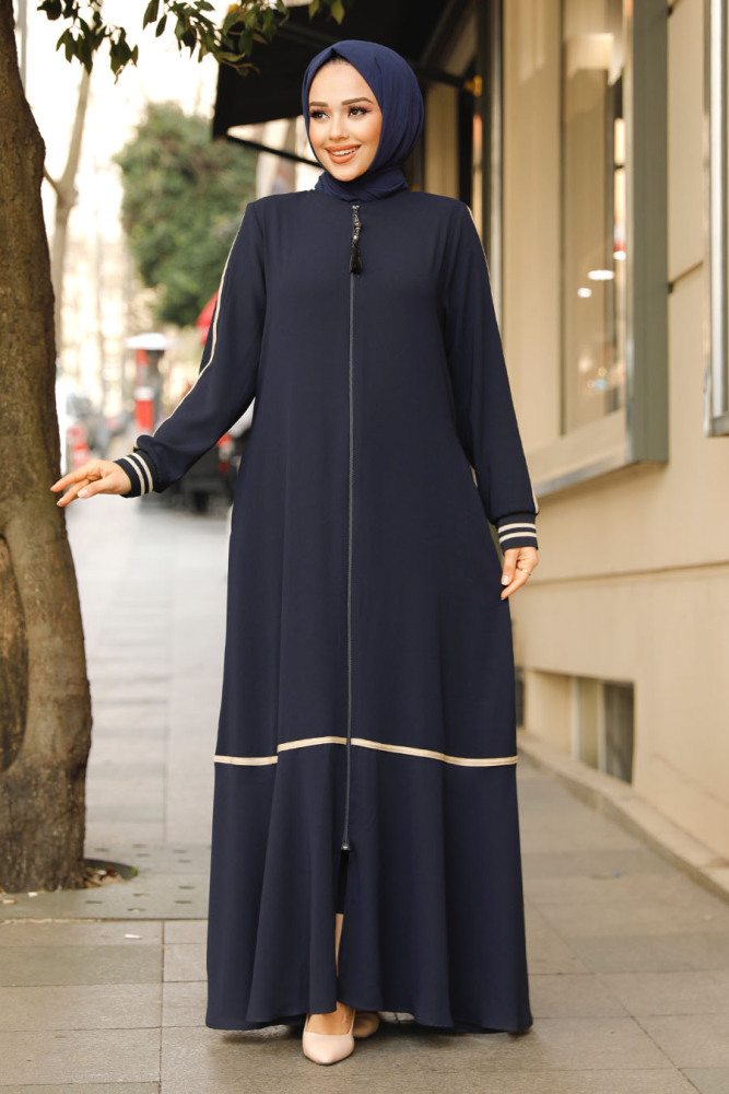Fermuarlı Lacivert Tesettür Ferace 62101L - 1