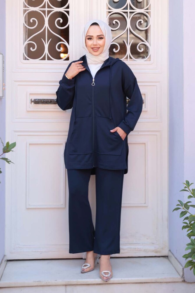 Fermuarlı Lacivert Tesettür İkili Takım 17461L - 2