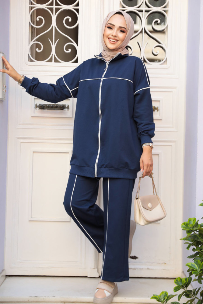 Fermuarlı Lacivert Tesettür İkili Takım 20105L - NEVA STYLE