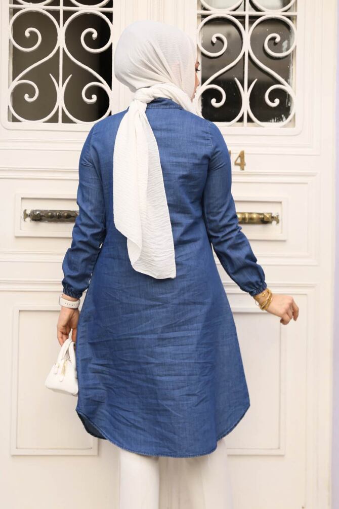 Fermuarlı Lacivert Tesettür Kot Tunik 4673L - 3