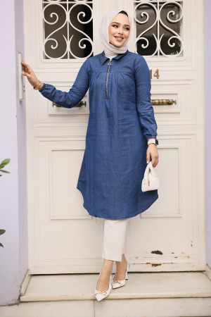 Fermuarlı Lacivert Tesettür Kot Tunik 4673L - NEVA STYLE