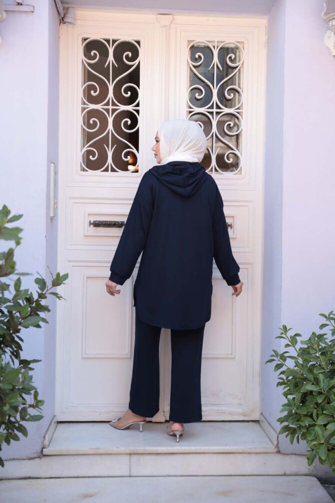 Fermuarlı Lacivert Tesettür Modal İkili Takım 17461L - 3