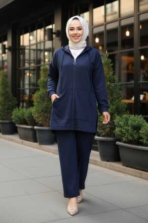 Fermuarlı Lacivert Tesettür Modal İkili Takım 17461L 