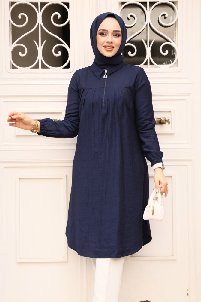 Fermuarlı Lacivert Tesettür Tunik 1467L - 3