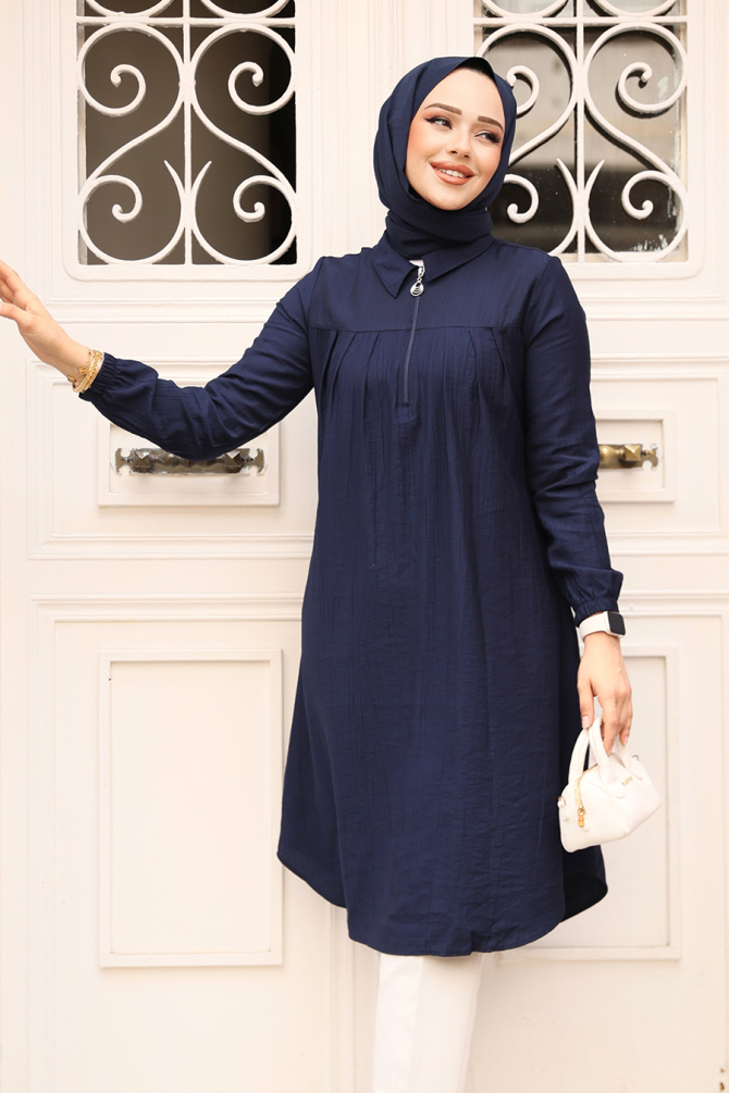 Fermuarlı Lacivert Tesettür Tunik 1467L - 2