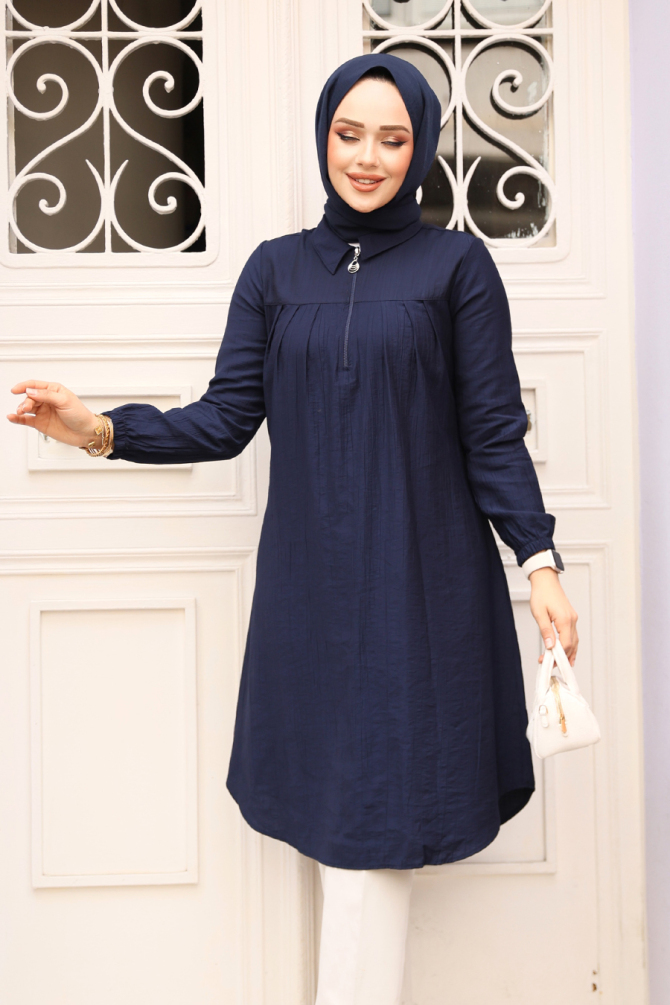 Fermuarlı Lacivert Tesettür Tunik 1467L - 4